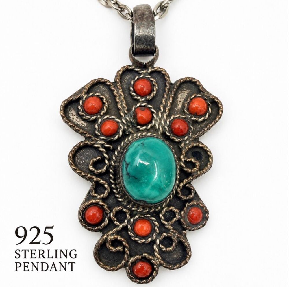 Vintage 925 Sterling Silver Turquoise Coral Statement Pendant Necklace